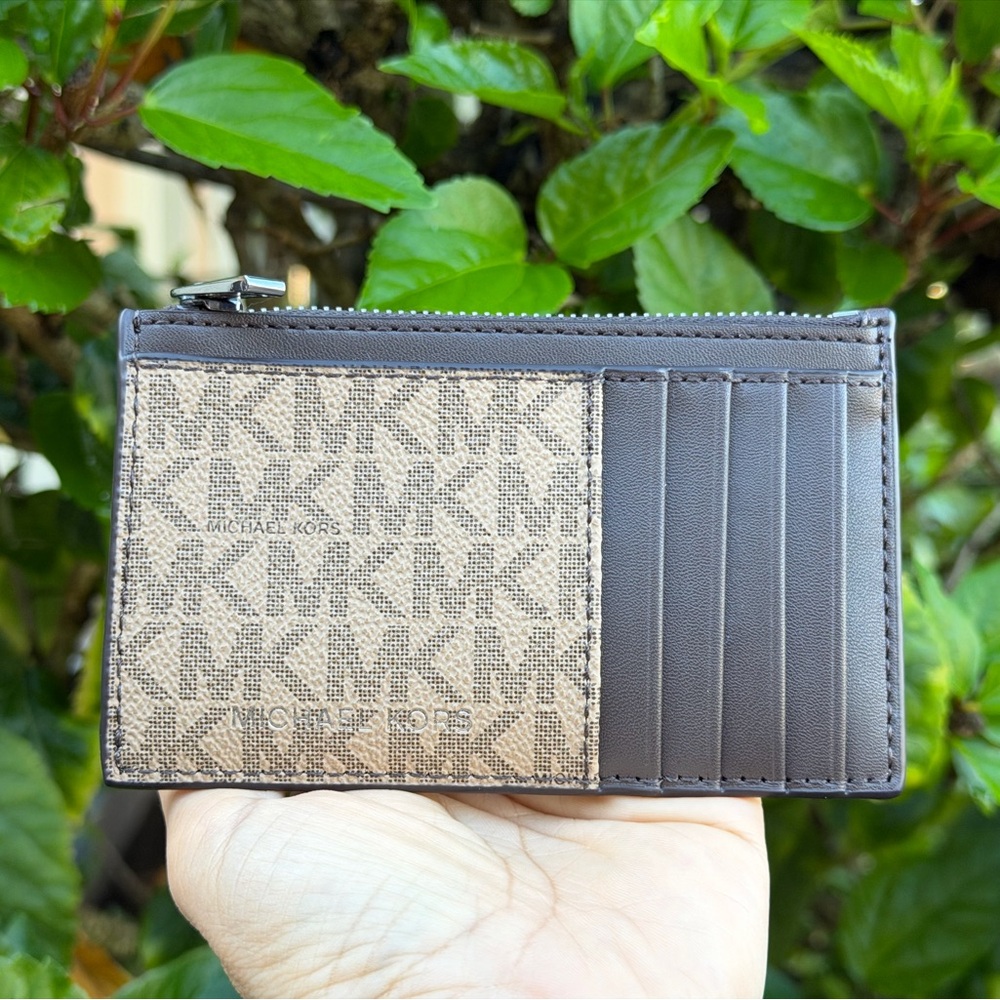 Michael Kors Cooper Top Zip Card Case Wallet MK Camel Multi